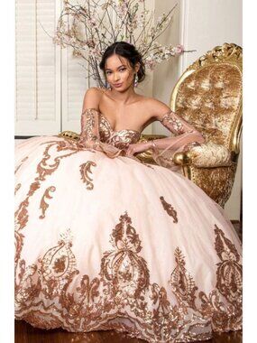 Clearance Champagne 2XL Sequin Print Strapless Ball Gown by Elizabeth K GL1914
